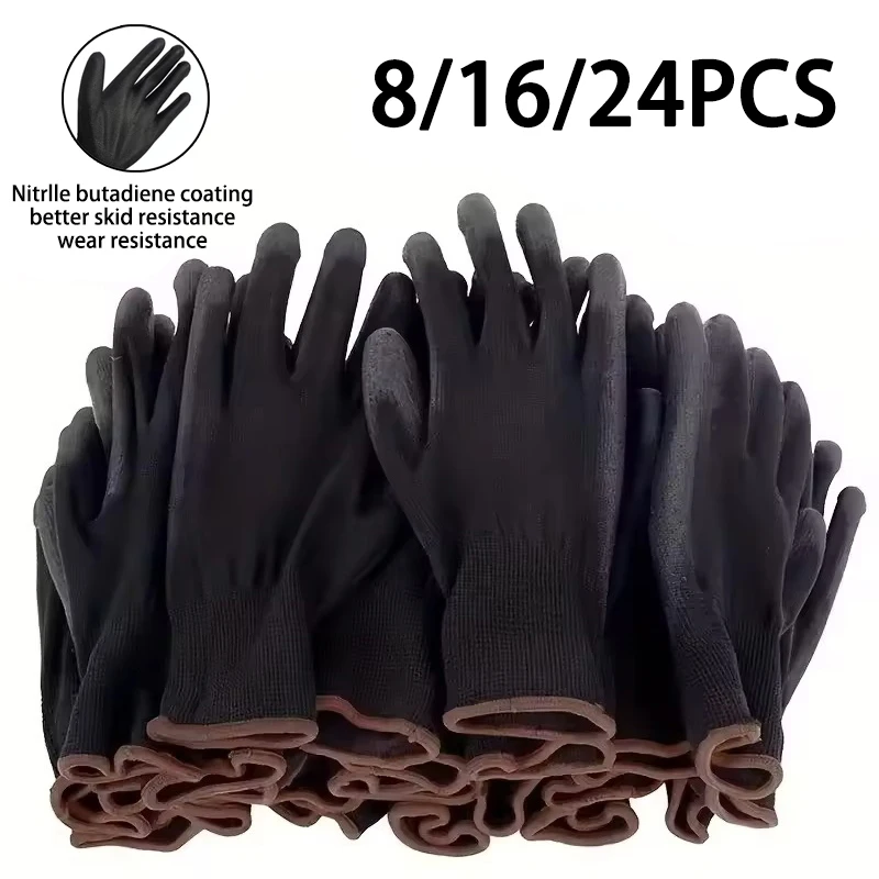 8/16/24PCS PU Coating Gloves Anti-Slip Wear-Resistant Nylon PU Gloves for Gardening Machinery Automotive Repair