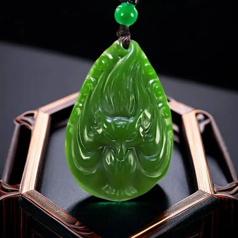 

Green Real Jade Nine Tailed Fox Pendant Necklace Gifts for Women Carved Jewelry Natural Jasper Accessories Amulet Designer