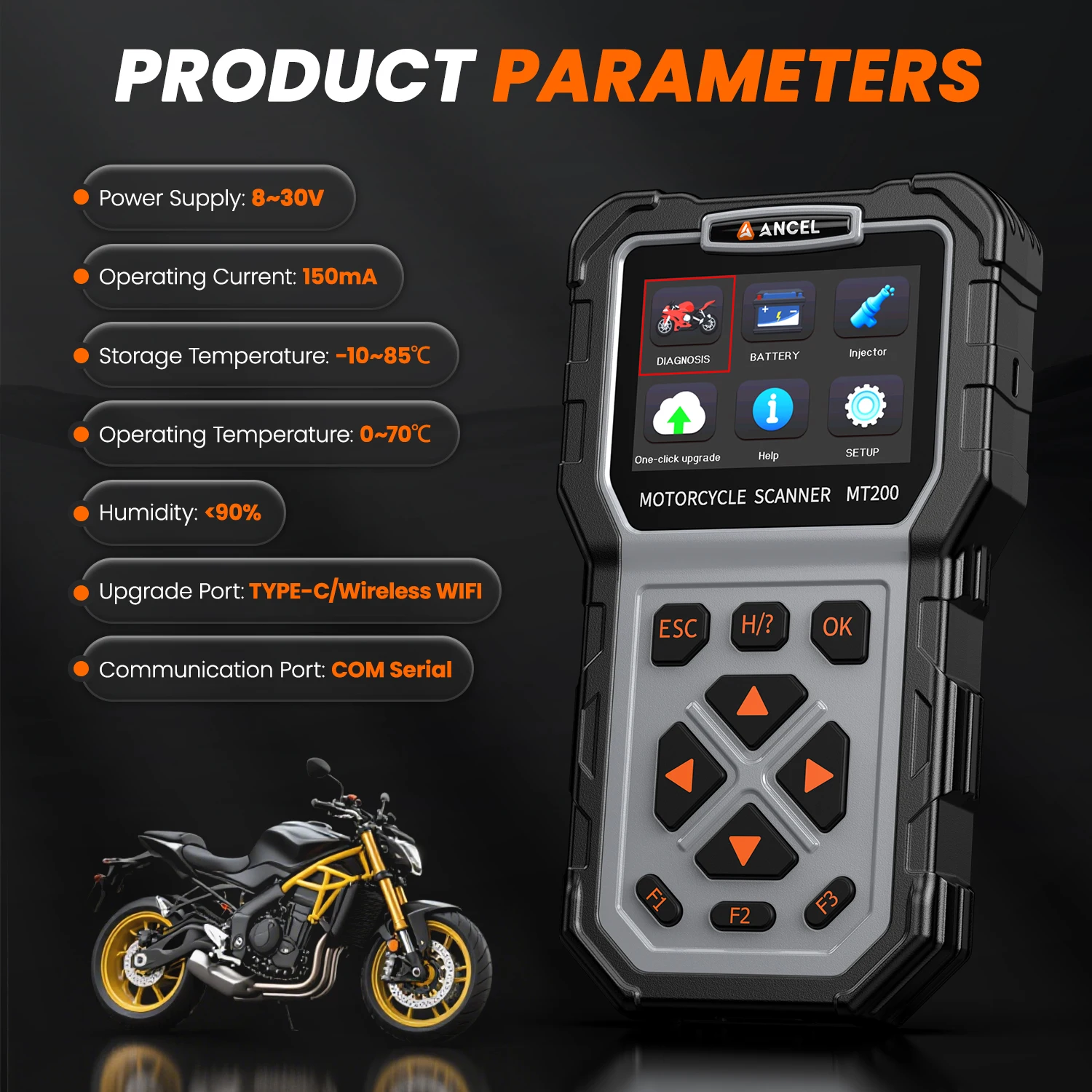 ANCEL MT200 Motorrad-Scanner, Diagnosetool, CO-Trimmer, Kraftstoffeinspritzer, Testen der Leerlaufgeschwindigkeitseinstellung, alle Motorrad-Scanner – Detail 8