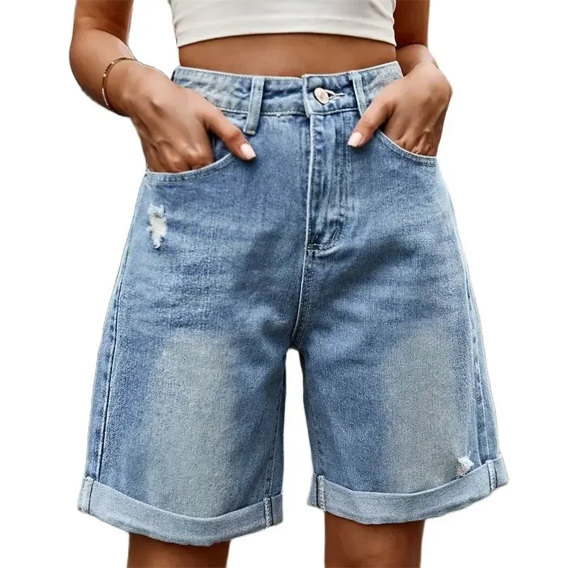 

Women New Fold Over Trouser Legs Denim Shorts Women Broken Holes Five Quarter Pants Female Casual High Waist Mini Straight Jeans