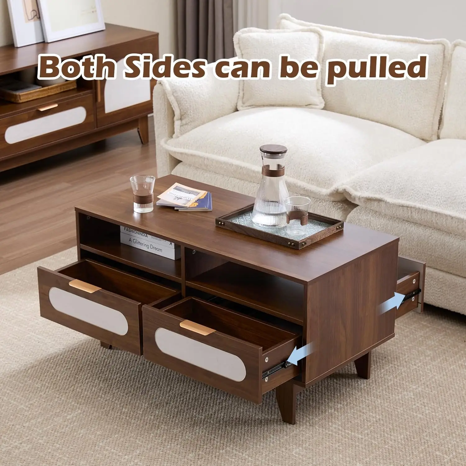 39 inch Mid Century Coffee Table with 4 Drawers and 2 Shelve, Rectangle Wooden Wood Coffee Table for Living Room,Walnut