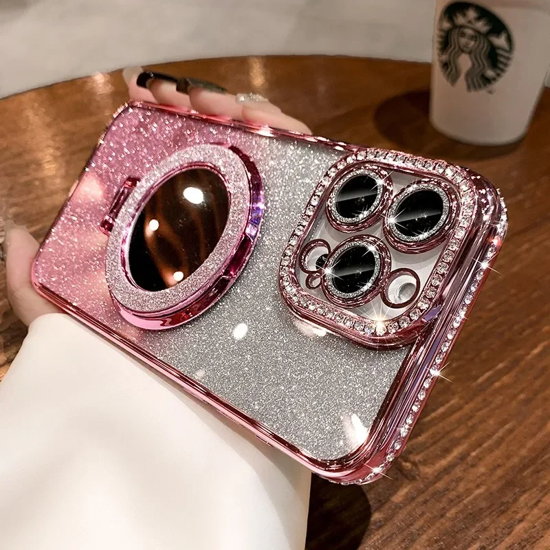 Luxury Diamond Clear Glitter Phone Case with Mirror Magnetic Holder and Stand