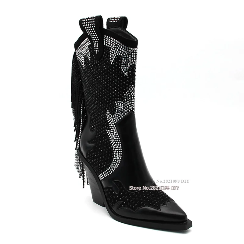 

Rhinestone Mid-Calf Tassel Boots for Women Crystal Fringed Cowboy Boots Thick Heels Black Winter New Design Gladiator Heels Bota