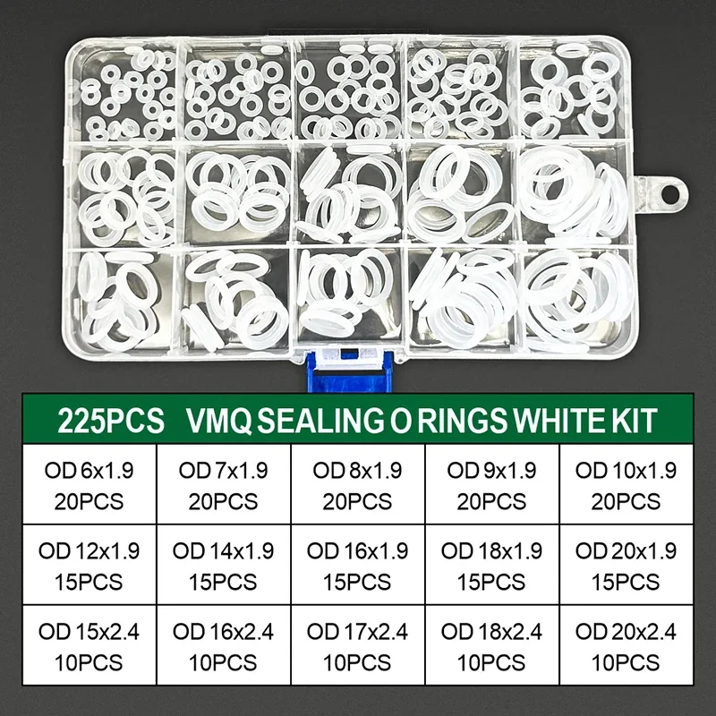 225-teiliges Silikon-O-Ring-Set, CS1,9mm/2,4mm, lebensmittelecht, VMQ, Hochtemperatur-Dichtungsringe, Dichtungsring-Kit-Box für Industrieanlagen – Detail 3