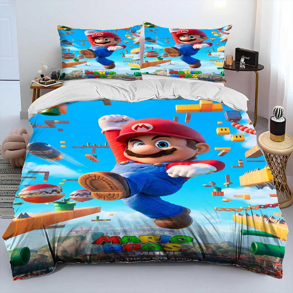 Parure De Lit 3D Mario Bros - Housse De Couette + Taies, Microfibre, Taille Simple (140x200 Cm)