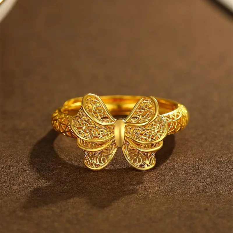 Advanced AU999 Gold Ring Silk Bow Necklace Women's AU750 Hollow Bow Earrings 24K Ring Real Gold Goddess Jewelry