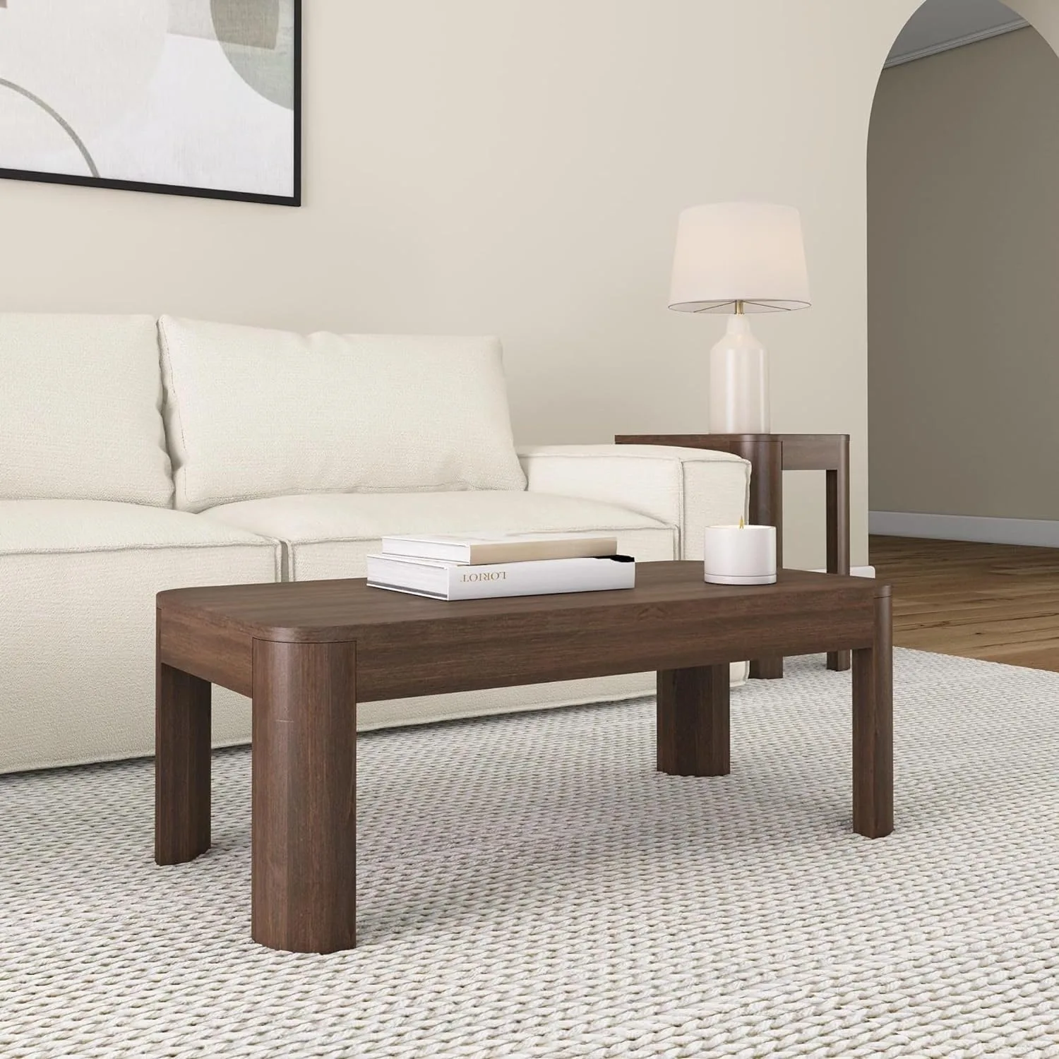 Small Modern Rounded Coffee Table, 40 Inch, Solid Wood Contemporary Center Table for Living Room Tea Table, Walnut 5