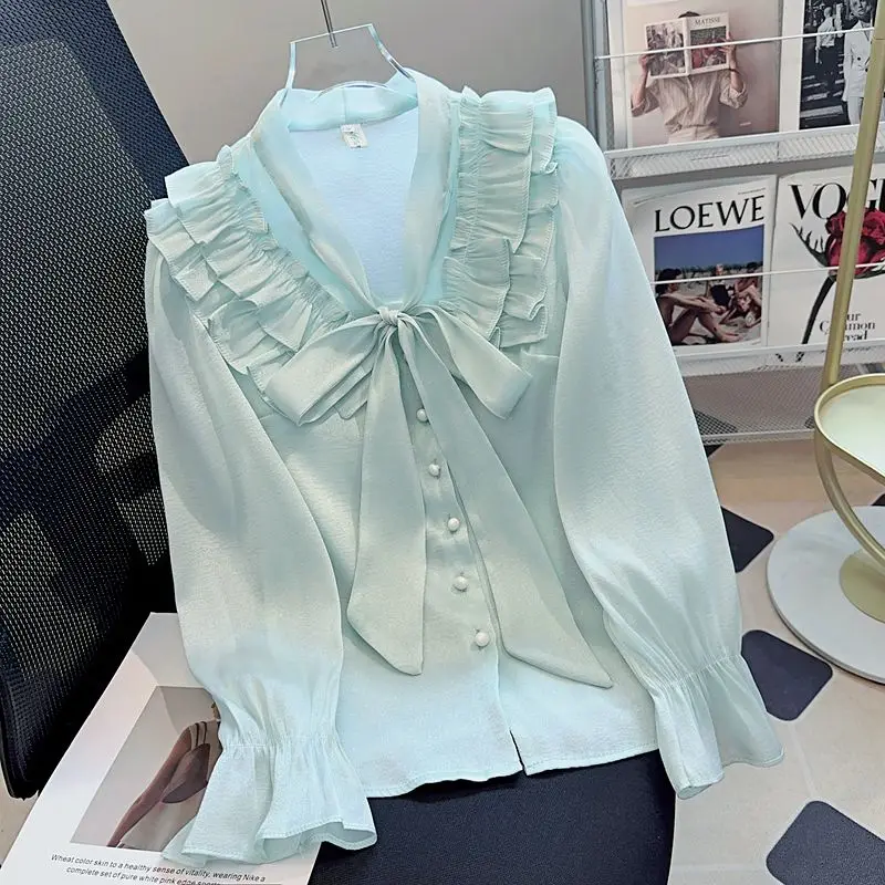 

New Fashionable Wooden Ear Edge V-neck Solid Color Shirt Chiffon Shirt Pink Blouse Womens Tops White Shirt Bow Neckline Top