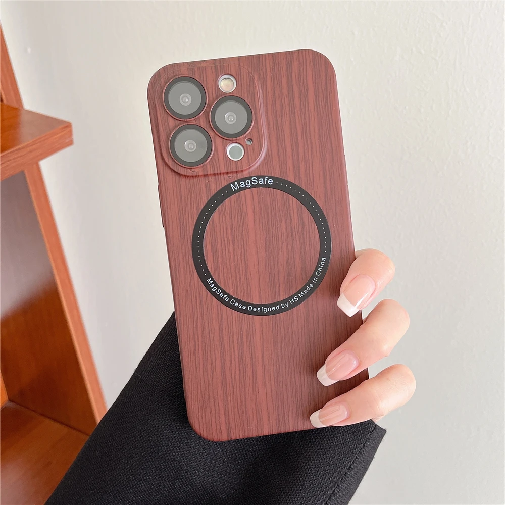 Wood Grain Case Compatible with Magsafe - Camera Lens Film Protective Hard Cover 
