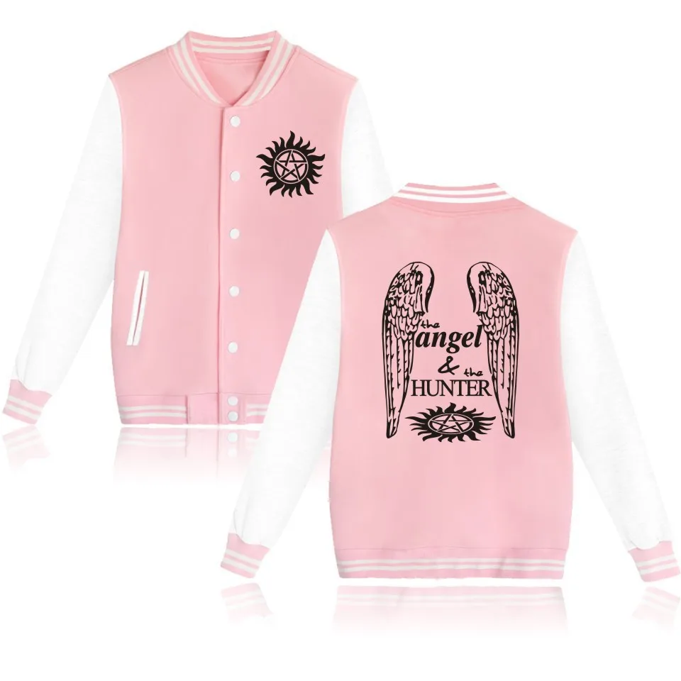 

Jacket Baseball Uniform Angel and the Supernatural Hunter for Men and Women Street Wear Sweatshirts Hoodie Pink Long Sleeve