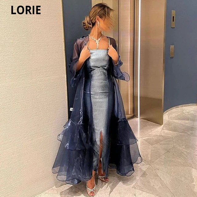 LORIE Elegant Mermaid Long Evening Dresses Long Organza Cape Strapless  Mother Groom Formal Party Dress Leg Slit Tiered Prom Gown