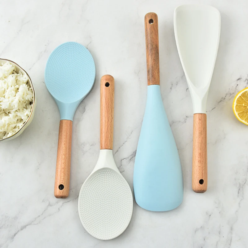 Wooden Handle Silicone Rice Spoon Non Stick Rice Spatula Japanese Cooking Shovels Kitchen Tableware