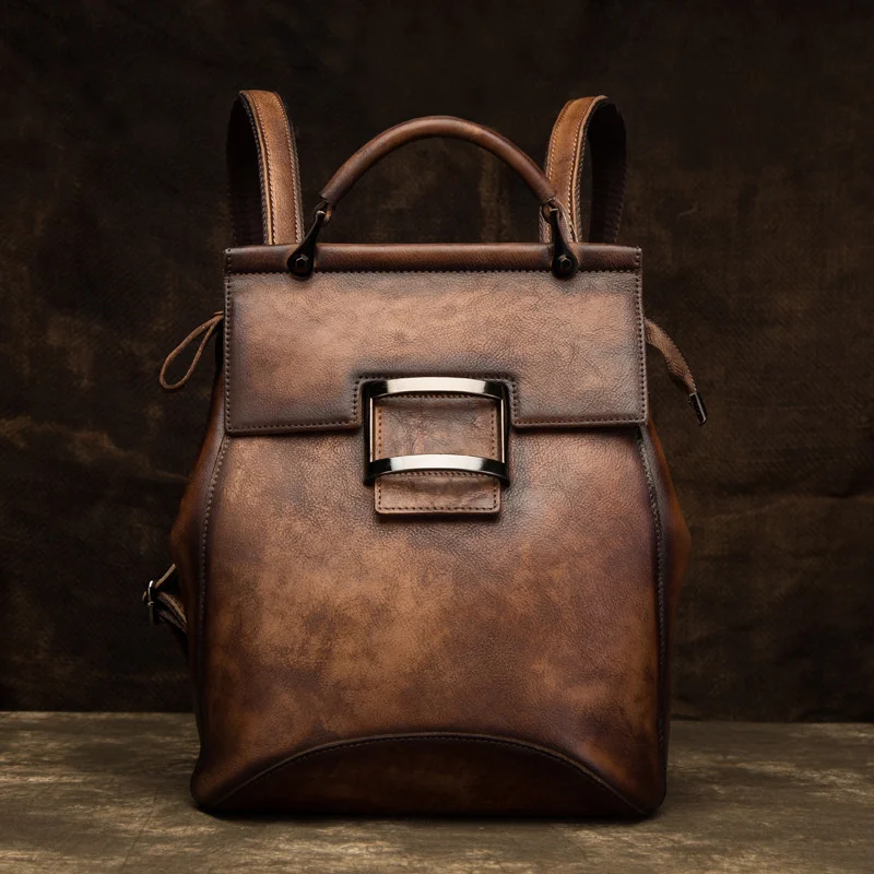 GAGACIA Vintage Handmade Backpacks For Women Luxury Flap Pocket Bag High Quality Genuine Leather Women's Backpack Girls Book Bag