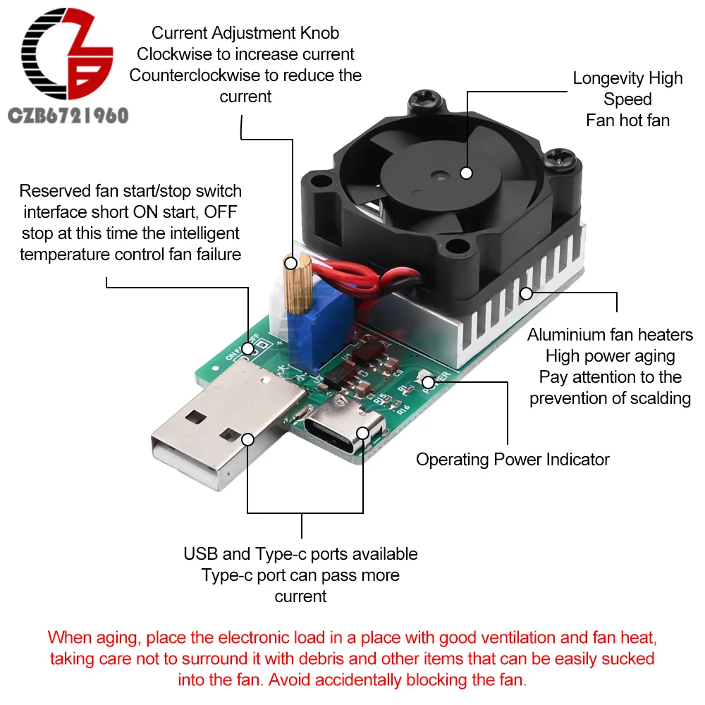 USB Load Tester Electronic Load Test Resistor Module 22.5W USB & Type C Interface Adjustable Constant Current Cooling Fan