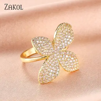 ZAKOL Creative Personalized Petal Design For Women's Zircon Ring Copper Micro-set Fashion Temperament Jewelry Accessories Female 1