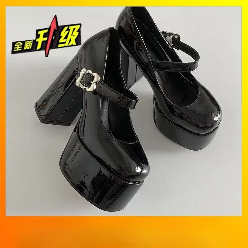 Punk Gothic High Heels Pumps Women Chunky Platform Mary Jane Lolita Shoes 2024 Woman Square Heels Patent Leather Cosplay Shoes 2