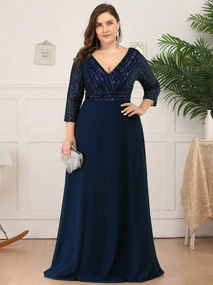 Plus Size Women Elegant V-neck Half Sleeve Sequin Evening Dress A-Line  Chiffon Wedding Bridesmaid Party Dress Vestido De Festa