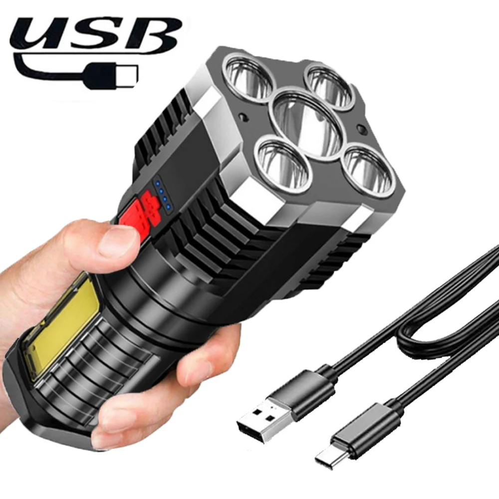 

USB Recharge 5LED High Power Led Portable Flashlights Spotlight with Side Light 3 Lighting Modes for Camping Adventure Outdoor