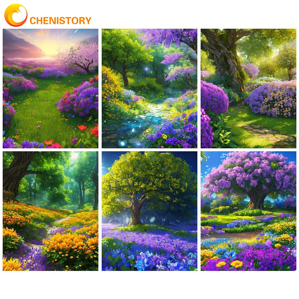 

CHENISTORY Diy Oil Painting By Numbers On Canvas Purple Flower Landscape HandPainted Acrylic Paint Adults Kit Home Wall Art Gift