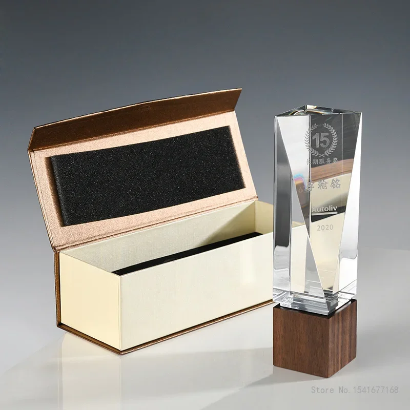 Customized Walnut Base Crystal Trophy, Creative Event Award Collection, Outstanding Staff, Souvenir, Home Decor, High Grade, 1Pc