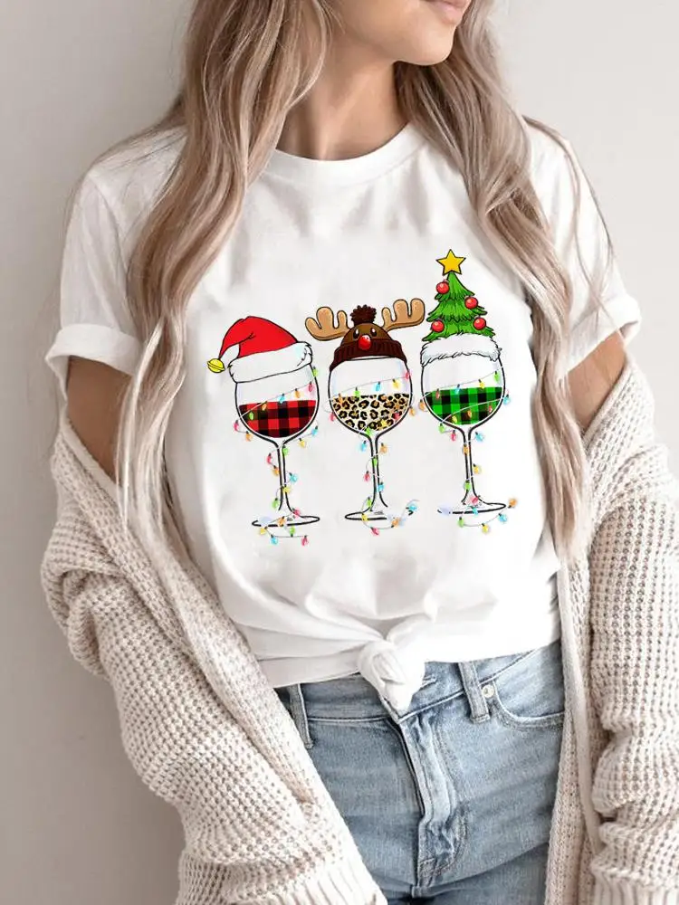 

Merry Christmas Women Holiday Shirt Clothing Print T Top Plaid Wine Trend Style Graphic Tee Fashion Female New Year T-shirts