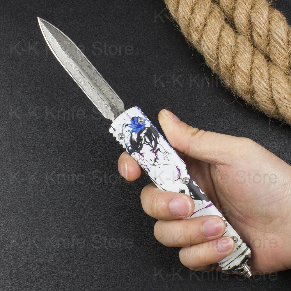 

Micro OTF Tech Knife UT Geisha Series Damascus Steel Blade 59-60HRC T6061 Aviation Aluminum Handle Self Defense Pocket Knife