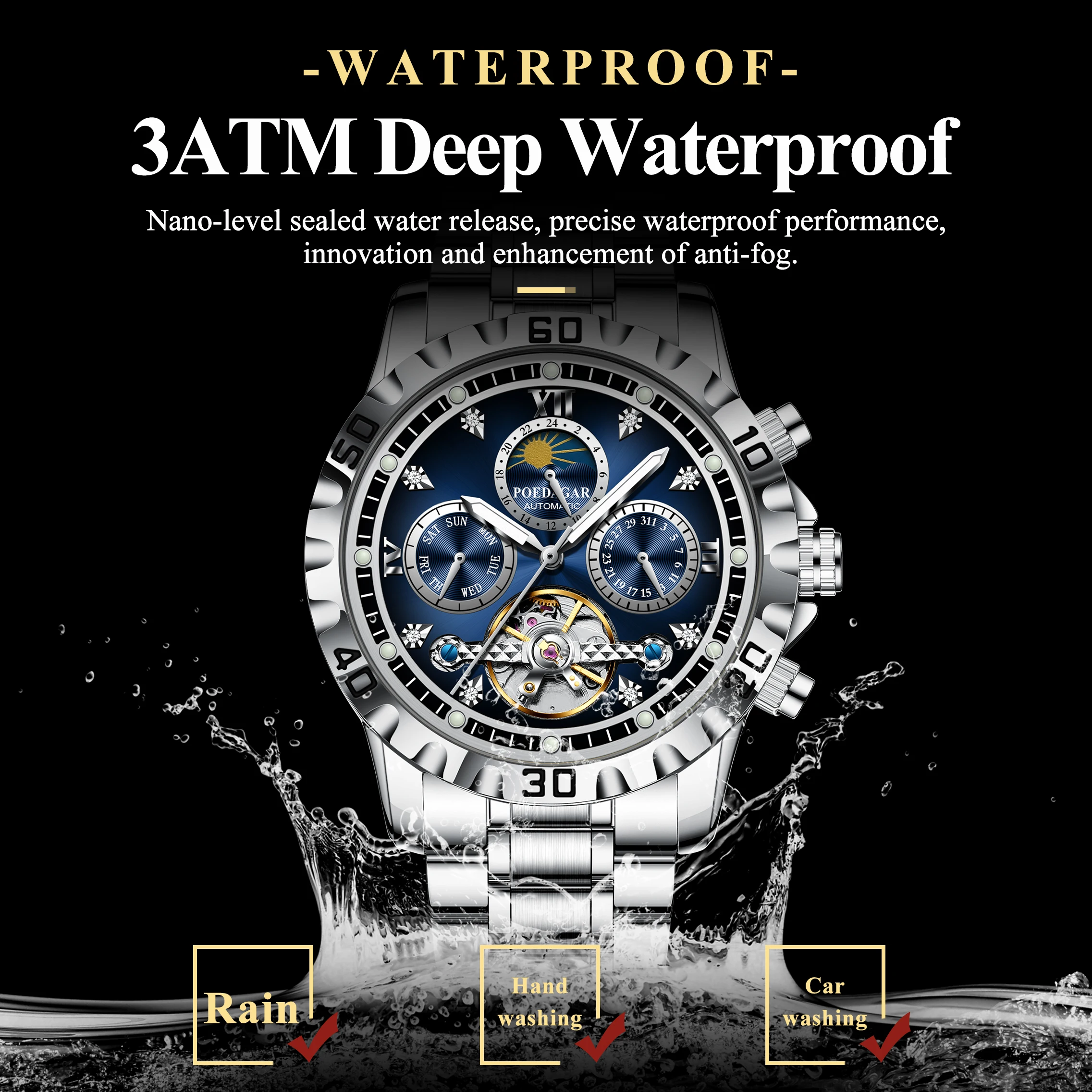 Business Top Watch For Man Hollow Tourbillon Automatic Men's Watches Date Week Mechanical Stainless Steel Men Clock+Box_voghion.com