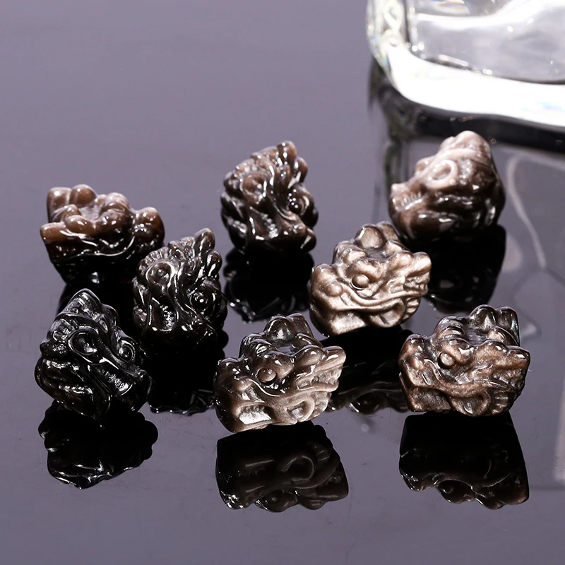 1 Pc 天然石シルバー黒曜石彫刻ドラゴンヘッドビーズジュエリー