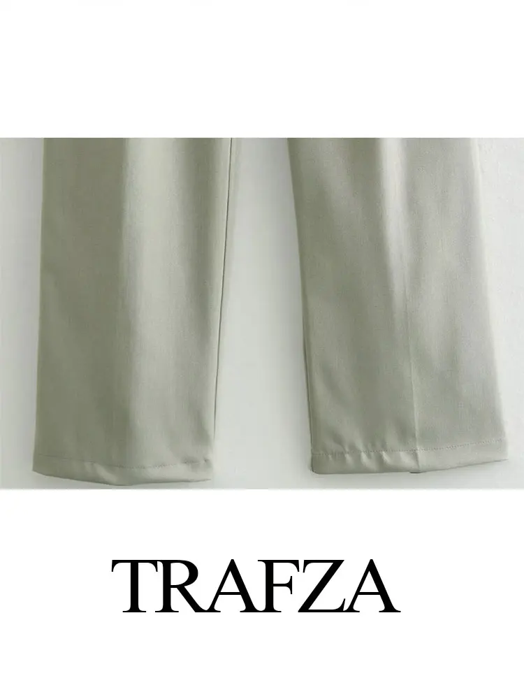TRAFZA 2024 Spring Trousers For Women Fashion Light Green Loose Long Pant Female Office Lady Vintage Women's Wide Leg Pant