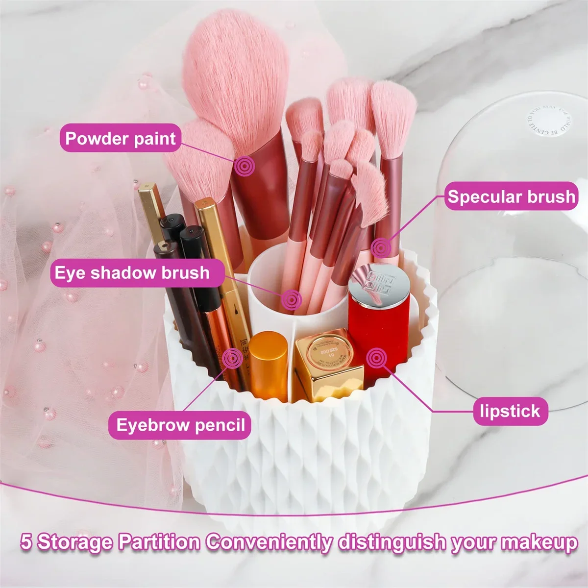 360 Rotating Cosmetics Makeup Brush Organizer with Lid Dustproof Large Capacity Cosmet Holder Box for Jewelry Pen 1PC 4