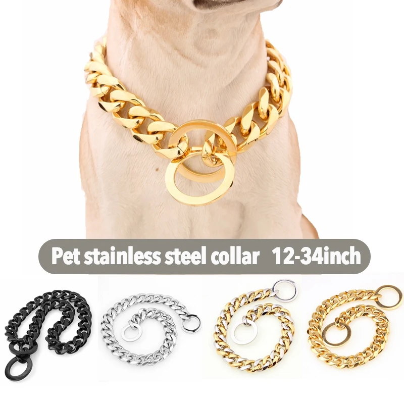 

15mm Solid Dog Chain Stainless Steel Necklace Dogs Collar Training Metal Strong P Chain Choker Pet Collars for Pitbulls