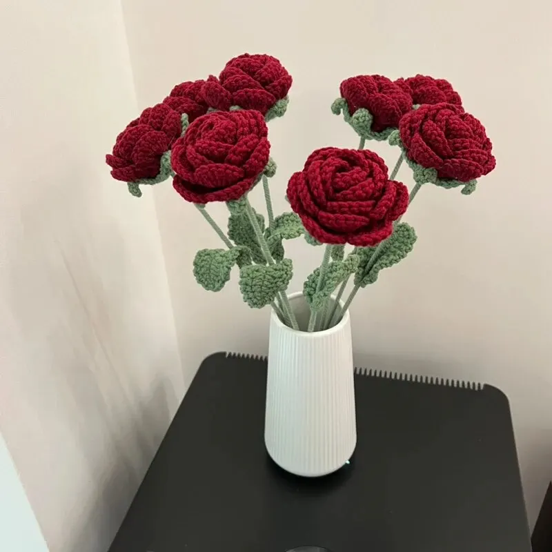 수제 뜨게 크로셰 꽃, 수제 장미 꽃, 웨딩 부케, 발렌타인 데이 파티 홈 데코, 가짜 꽃