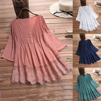 Women Vintage Lace Hollow Out V-Neck Plus Size Blouses Top Fashion Short Sleeve Shirts Female Asymmetrical Tunic Tops Blusas 2