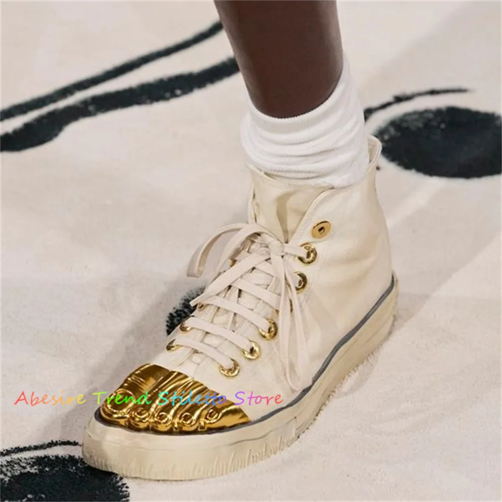 Gold Five Fingers Beige Sole Canvas Sneakers Cross Tied Women Shoes High Top New Trendy Banquet Runway 2024 Women Shoes