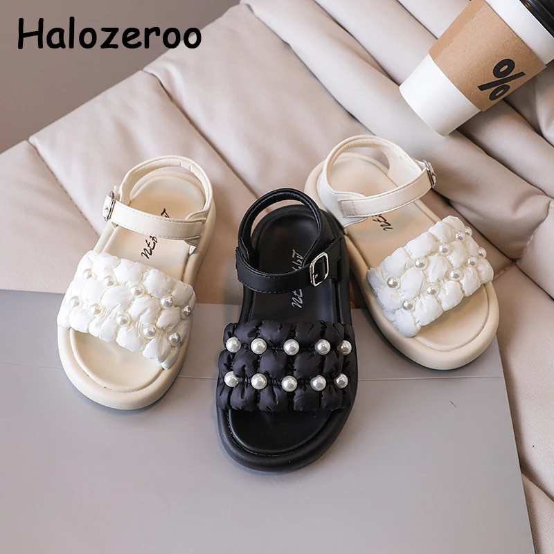 

New Kids Beach Sandals Baby Girls Brand Pearl Shoes Children Black Princess Sandalias Fashion Slides Dress Flats School Summer