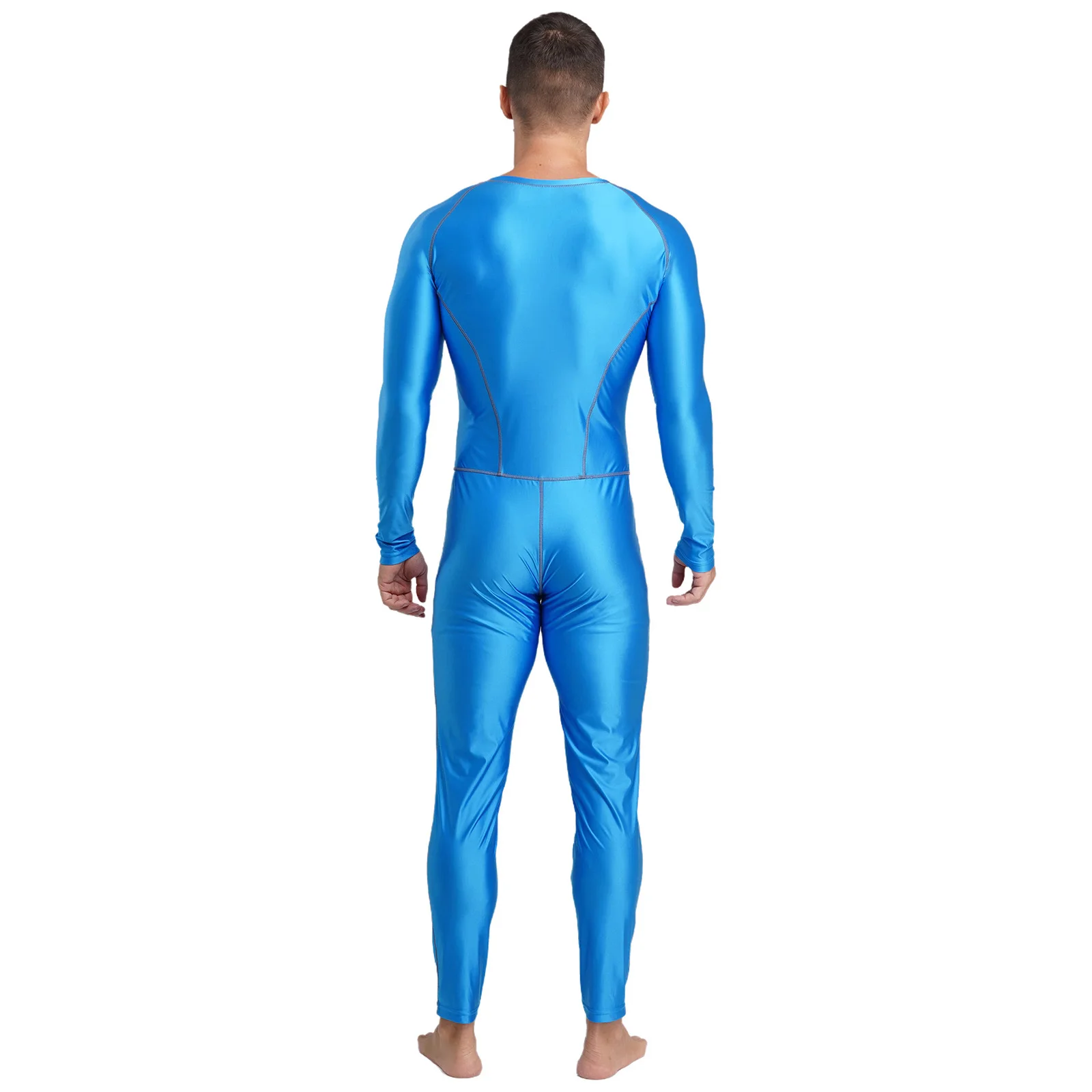 Herren-Erwachsene, ölglänzend, schmal, voller Overall, Badeanzug, äußere flache Nähte, Reißverschluss vorne, lange Hosen, Kompressionsspielanzug, Bodysuit, Badebekleidung – Detail 30