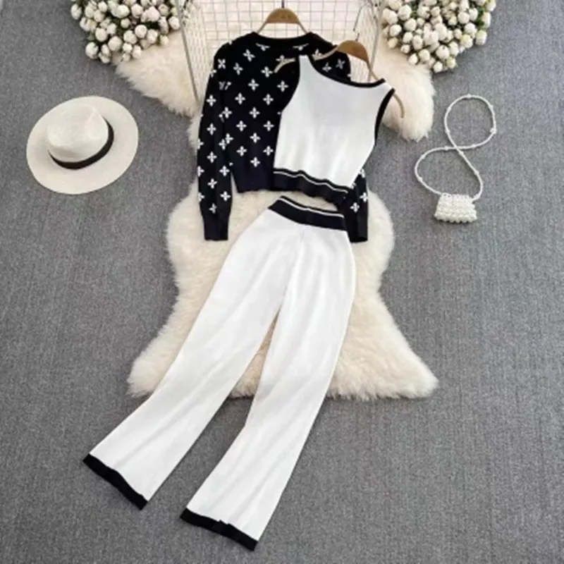 

Женский трикотажный костюм-тройка, однобортный Кардиган с круглым вырезом, жилет и повседневные широкие брюки, Осень-зима 2022