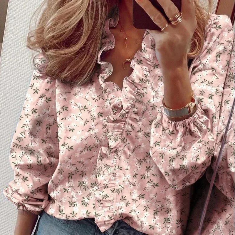 Sweet Ruffles Shirt for Women Elegant Blouse Floral Letter Print Long Sleeve White Tops Loose Clothes Spring Autumn 18246