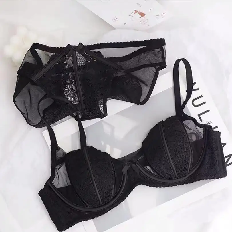 Soft Satin and Lace Bra - Black - Ladies