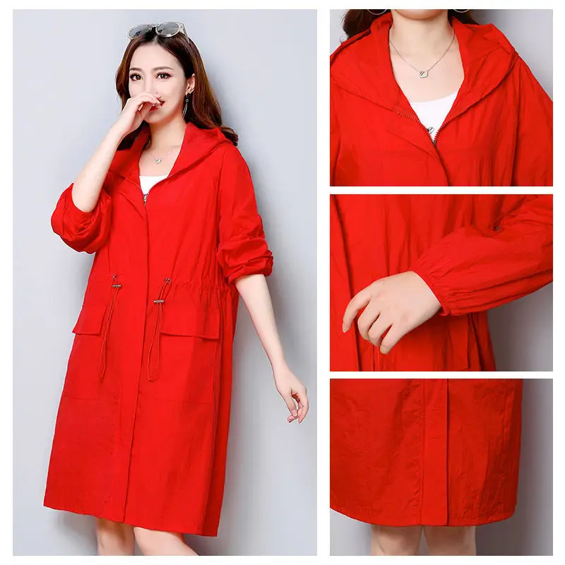

Sun Protection Clothing 2022 New Slim Long Hooded Tops Casual Loose Zipper Thin Windbreaker Coat Women Summer Jacket Red Pink