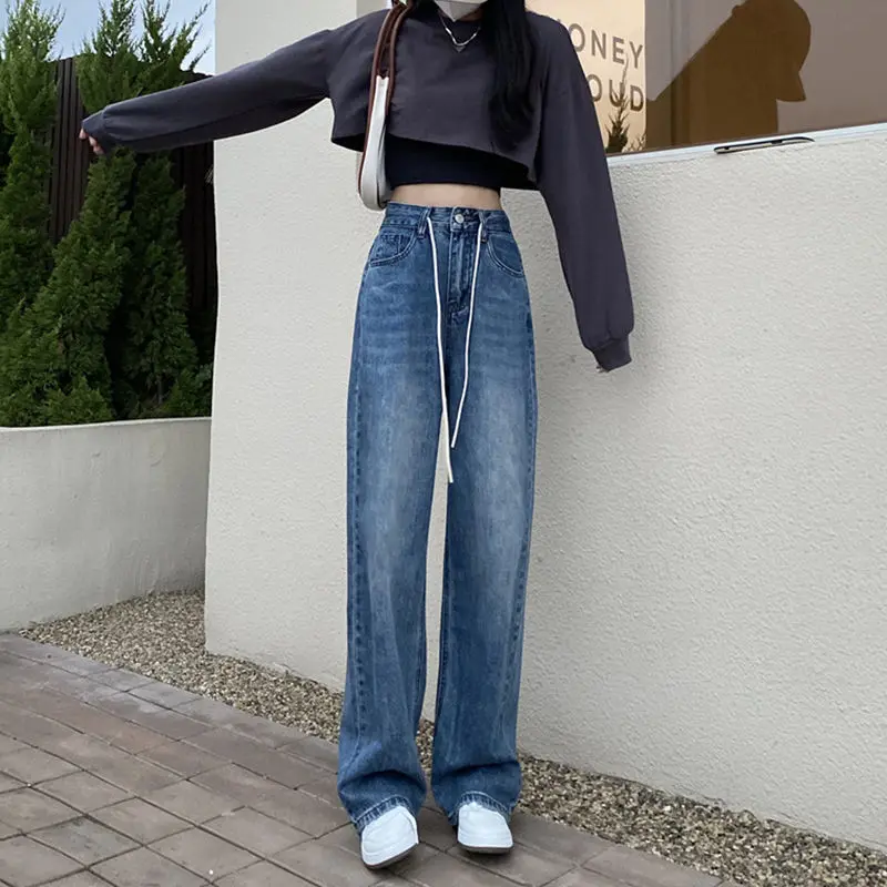 Spring and Autumn New Fashion Show Tall Show Thin Loose Waist Straight Leg Jeans