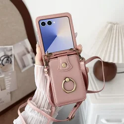 Leather Wallet Phone Case with Ring Card Holder and Crossbody Strap - Premium Protective Cover - Galaxy Z Flip7 FE (Rose Gold)