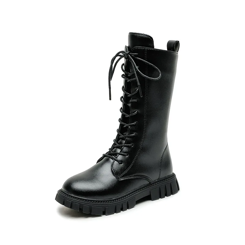 Girls Black Beige PU High Boots for Spring Autumn