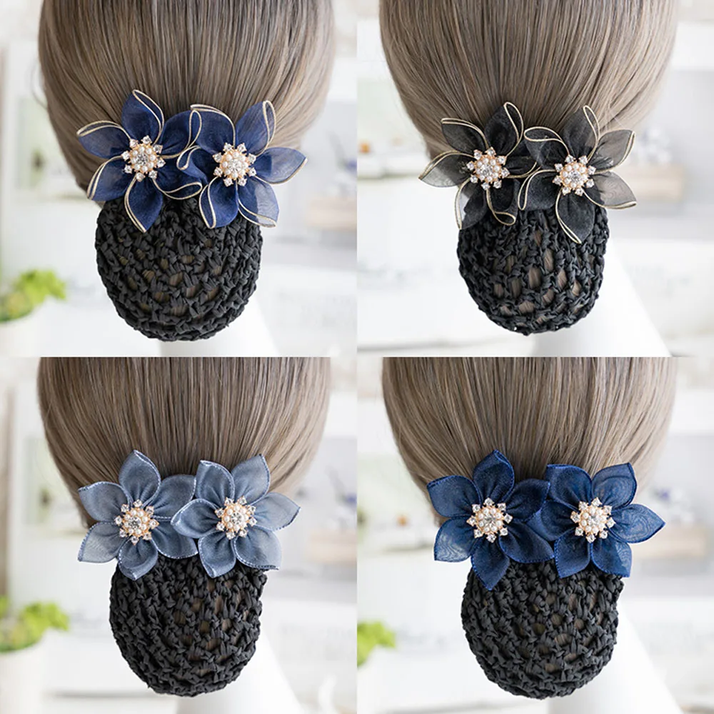 New Flower Hair Barrette Clip Net For Women Girls Office Dance Flight Attendant Professional Bun Mesh Snood Accesories Headwear detachable puffy shoulder sleeves super fairy women wedding evening glove mesh lace bridal fingerless glove dance bubble sleeves