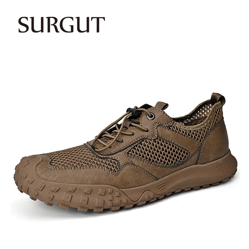 

SURGUT Summer Leather Shoes Men Breathable Mesh Men Loafers Casual Shoes Men Flats Comfortable Driving Shoes Big Plus Size 38-46