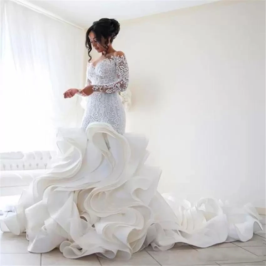

Plus Size Fashion Mermaid Wedding Dress Arrival Lace Long Sleeve Muslim Vestido De Noiva Romantic Appliques Ruffles Gowns