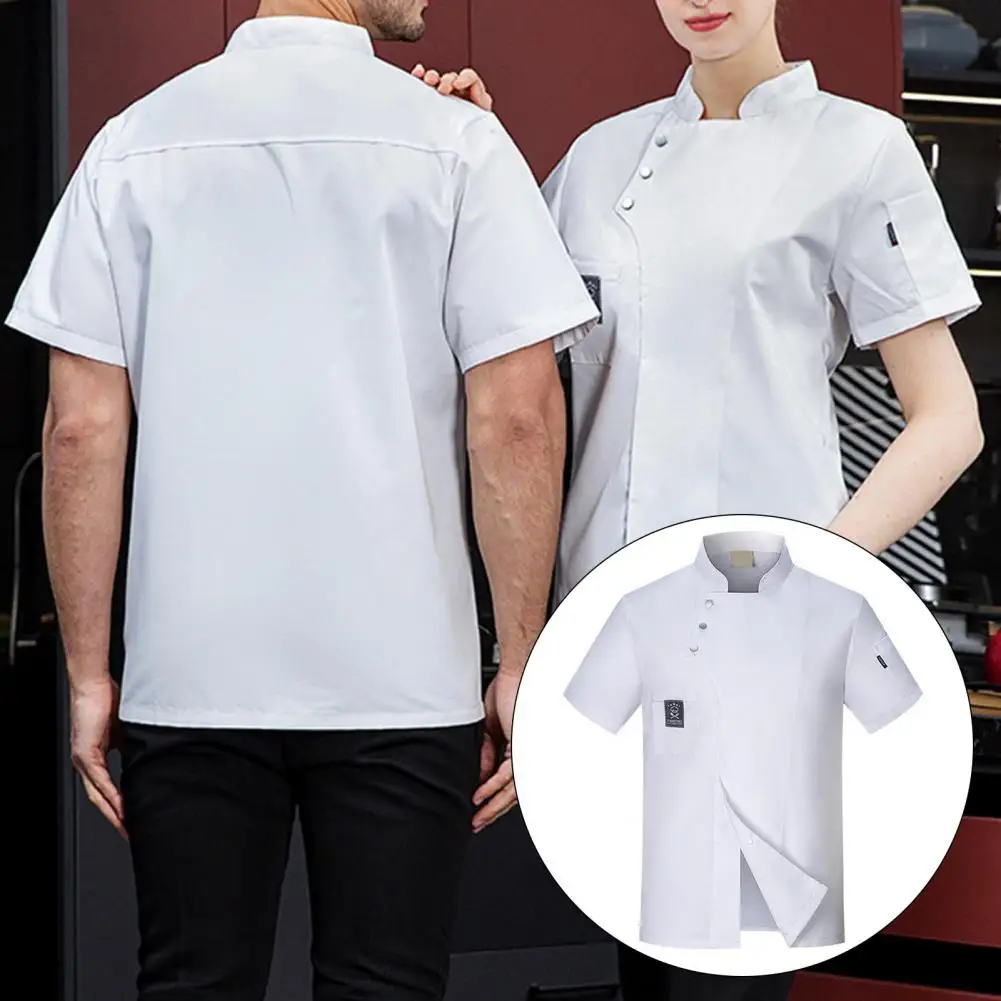 

Chef Top Short Sleeves Solid Color Pocket Buckle Unisex Catering Work Clothes Plus Size Bakery Restaurant Chef Uniform Canteen