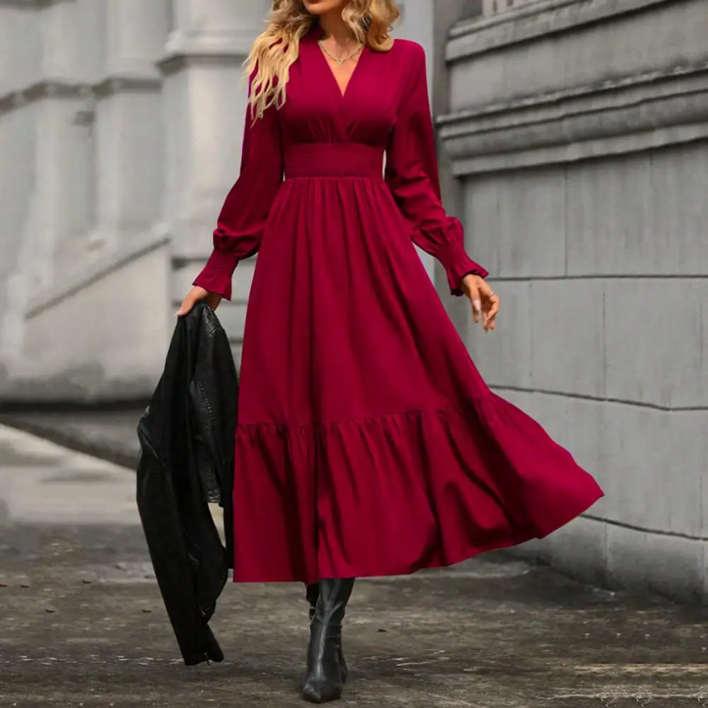 

Pleat Detail Dress Elegant V-neck A-line Midi Dress with Pleated Patchwork High Waist Detail for Women Soft Long Sleeve Solid