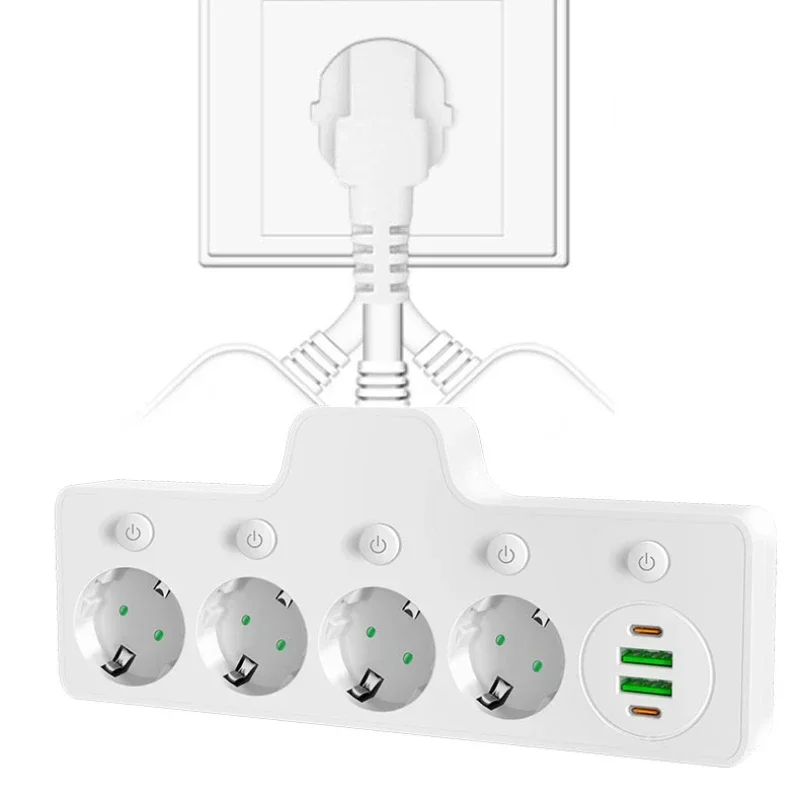 EU Plug 2 3 หรือ 4 ช่อง 2.1A 2 USB 2 พอร์ต Type-C ซ็อกเก็ตไฟฟ้า 8 ซม.ขยาย Power Strip สําหรับบ้านและสํานักงานซ็อกเก็ต 1