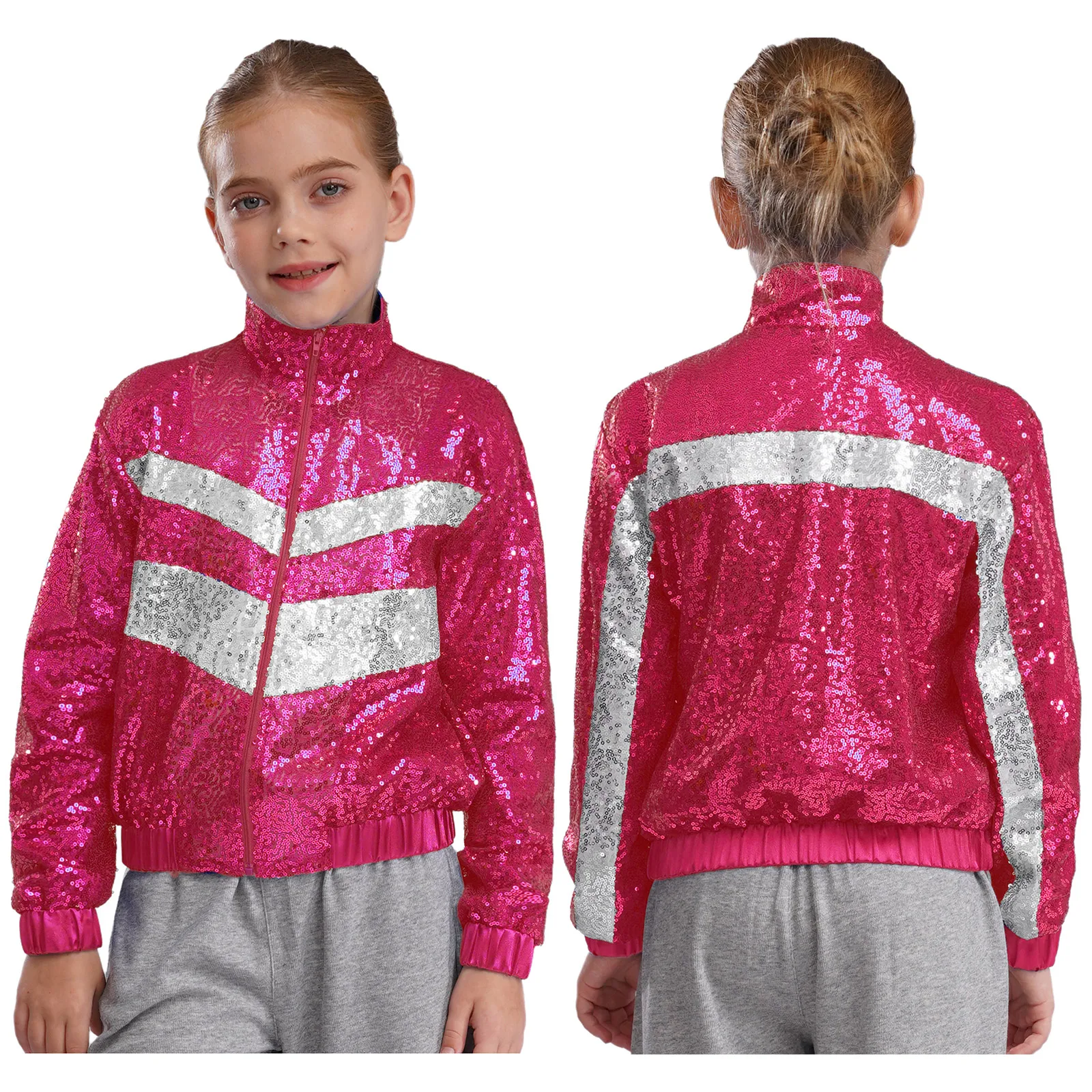 Kinder Mädchen Mode Pailletten Bomber Jacke Mantel Frühling Herbst Jazz Dance Performance Kostüm Reißverschluss Farbe Block Oberbekleidung Großhandel – Detail 4